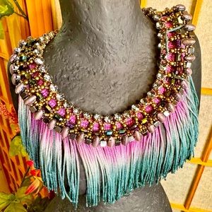 Semi-Precious Stones Rhinestones & Fringe Necklace